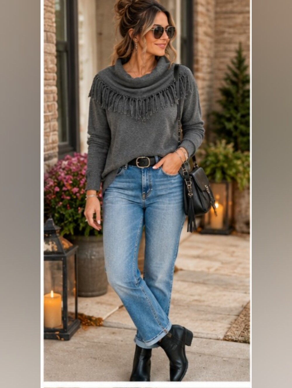 Rafaella Cowl Neck Fringe Knit Tunic Sweater Charcoal Gray Plus Size 1X